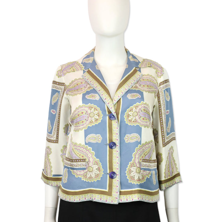 Etro Blue & Cream Paisley Print Silk Camp Collar Shirt
