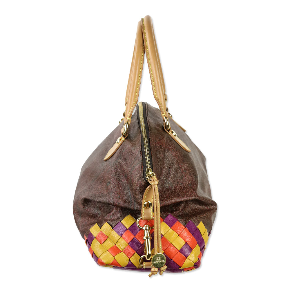 Etro Brown Paisley Coated Canvas Multicolor Woven Leather Top Handle Bag