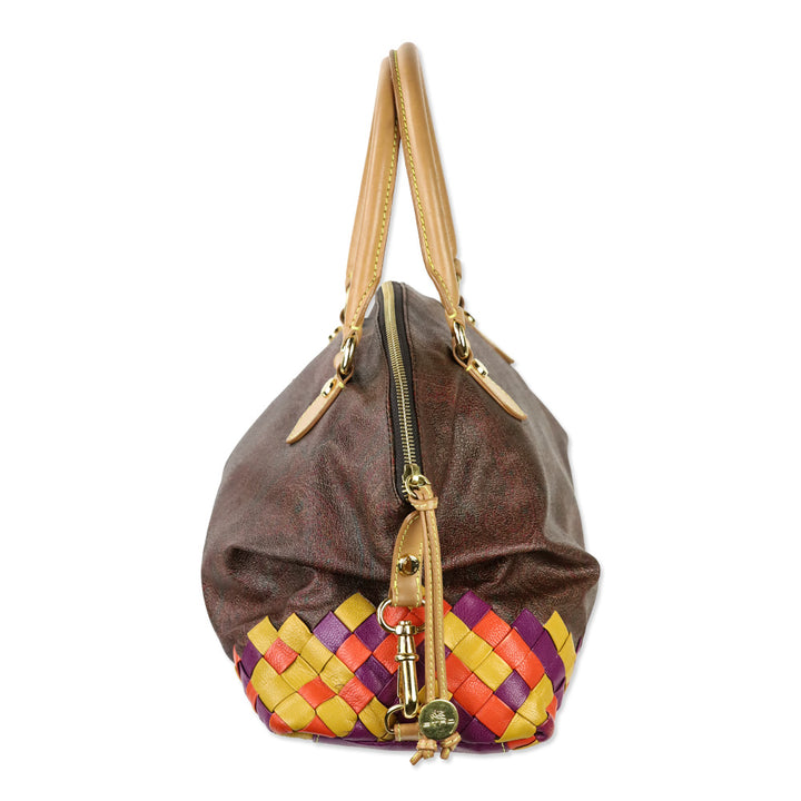Etro Brown Paisley Coated Canvas Multicolor Woven Leather Top Handle Bag