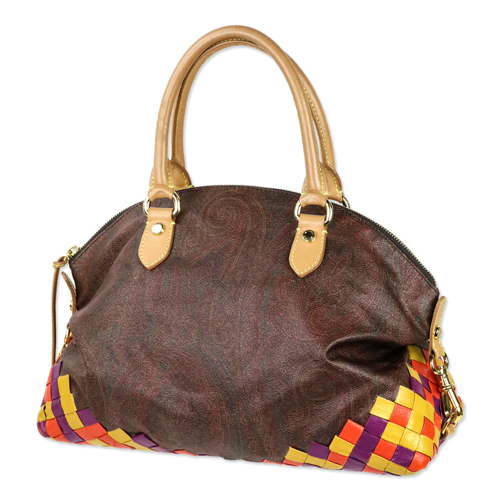 Etro Brown Paisley Coated Canvas Multicolor Woven Leather Top Handle Bag