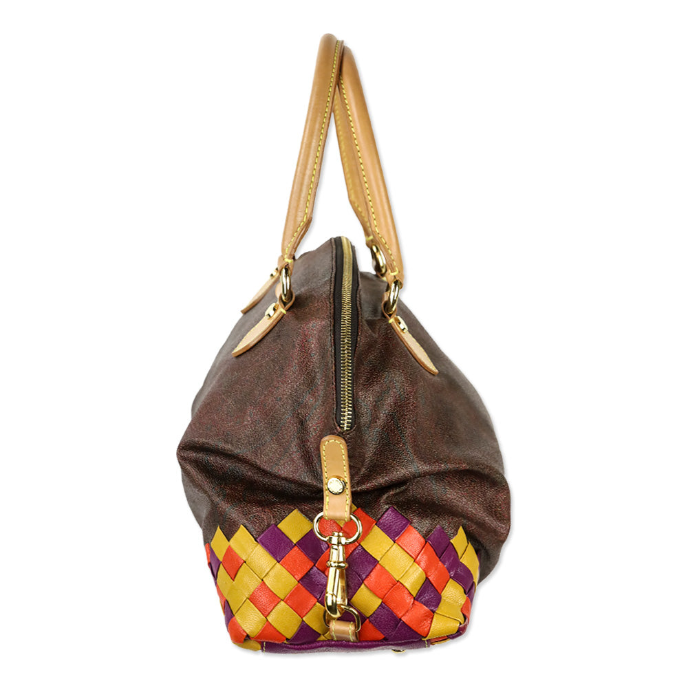 Etro Brown Paisley Coated Canvas Multicolor Woven Leather Top Handle Bag