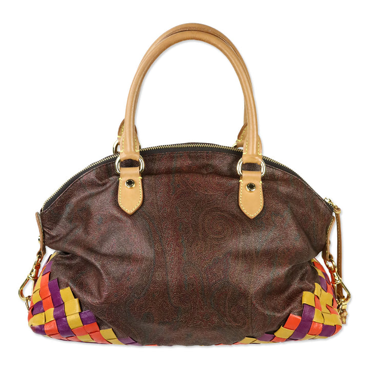 Etro Brown Paisley Coated Canvas Multicolor Woven Leather Top Handle Bag