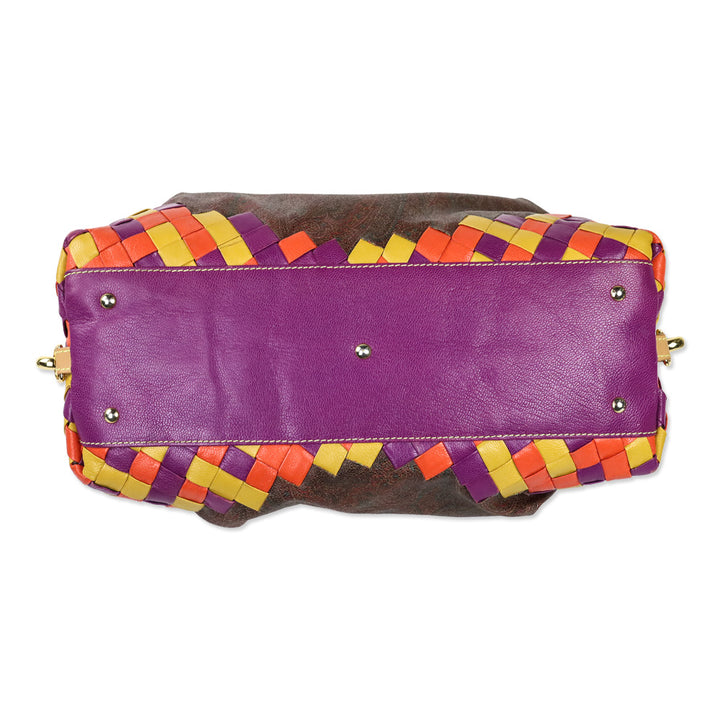 Etro Brown Paisley Coated Canvas Multicolor Woven Leather Top Handle Bag