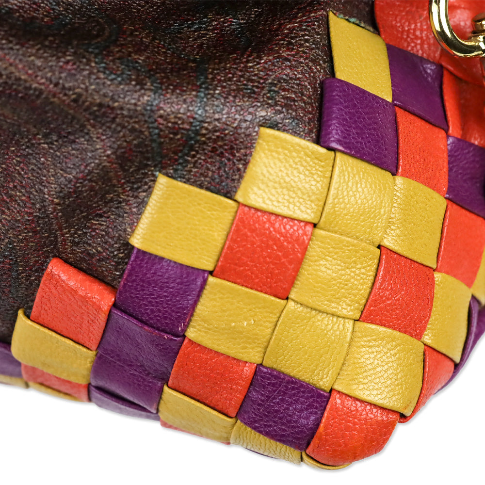 Etro Brown Paisley Coated Canvas Multicolor Woven Leather Top Handle Bag