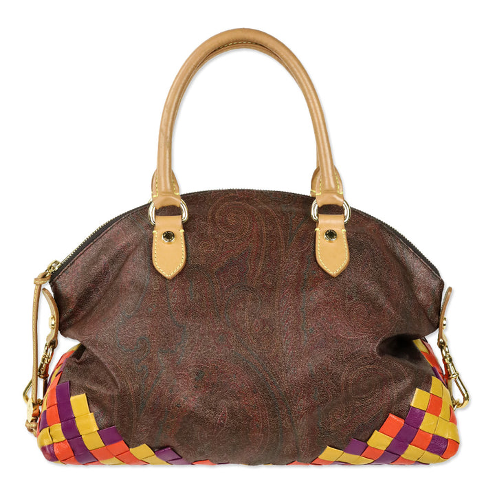 Etro Brown Paisley Coated Canvas Multicolor Woven Leather Top Handle Bag