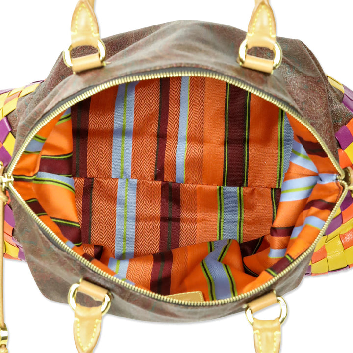 Etro Brown Paisley Coated Canvas Multicolor Woven Leather Top Handle Bag