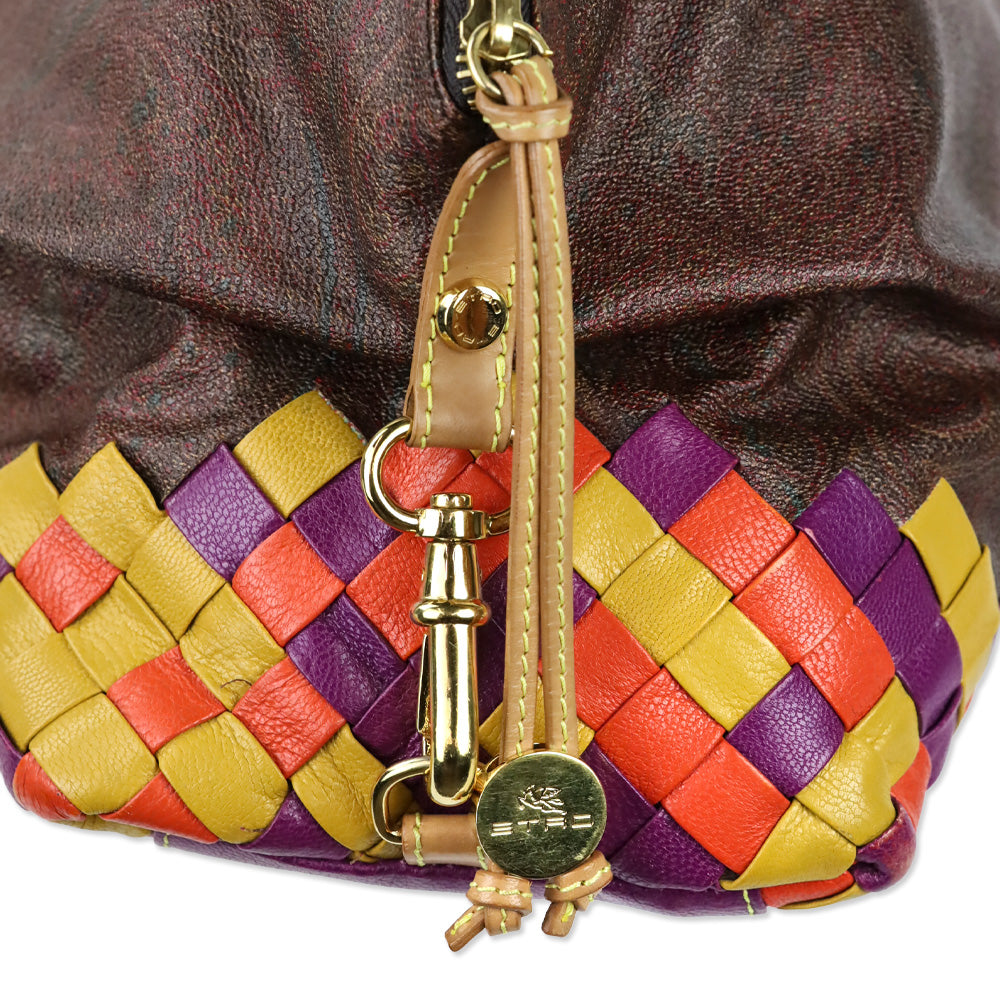 Etro Brown Paisley Coated Canvas Multicolor Woven Leather Top Handle Bag
