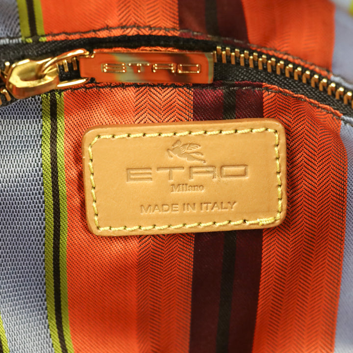 Etro Brown Paisley Coated Canvas Multicolor Woven Leather Top Handle Bag