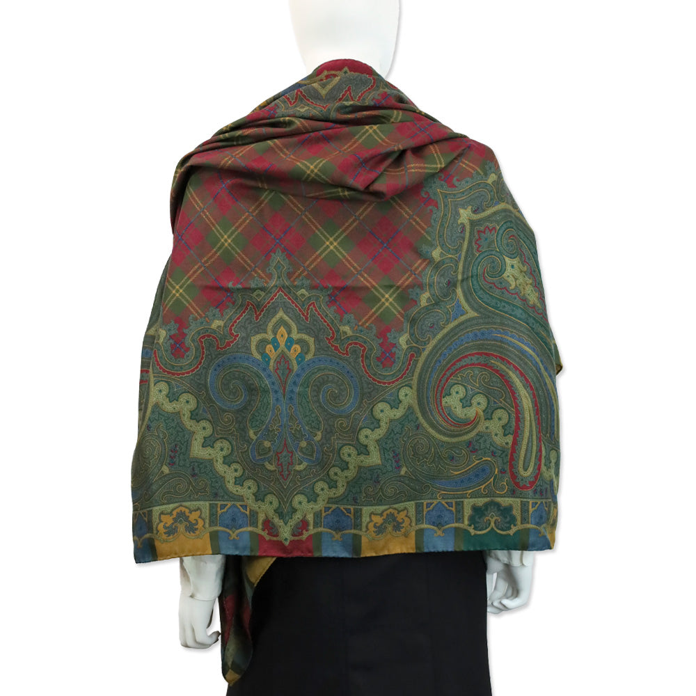 Etro Large Red/Green Multicolor Paisley Plaid Print Shawl Scarf
