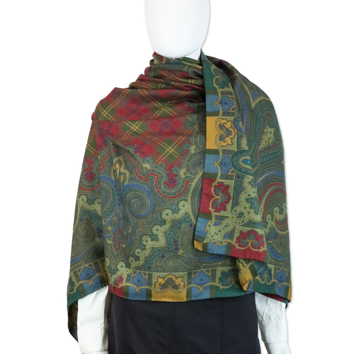 Etro Large Red/Green Multicolor Paisley Plaid Print Shawl Scarf