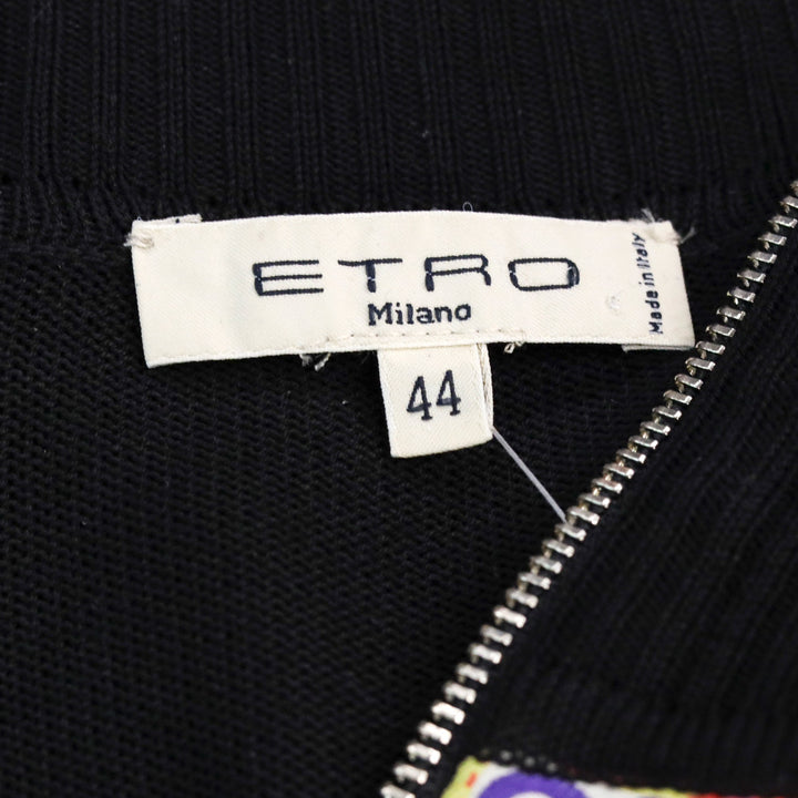 Etro Multicolor Paisley Printed Silk Front Black Knit Zip-Up Sweater