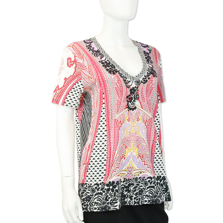 Etro Pink Multi Print V-Neck T-Shirt