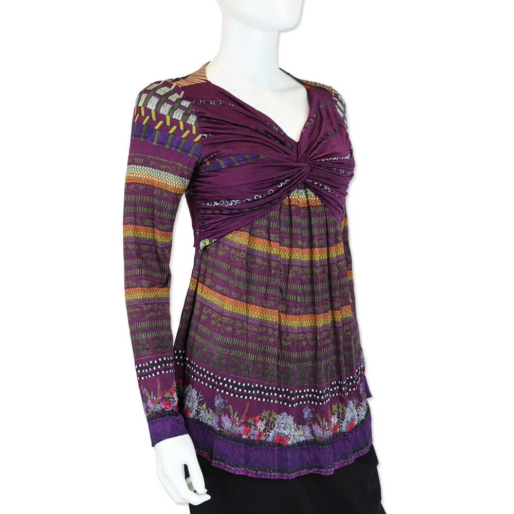 Etro Purple Multi Print Twist Knot V-Neck Long Sleeves Top