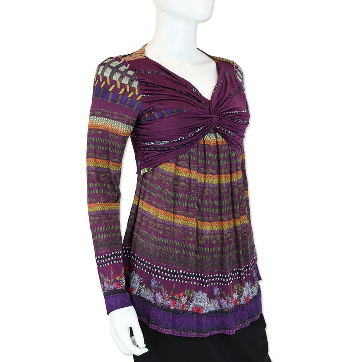 Etro Purple Multi Print Twist Knot V-Neck Long Sleeves Top