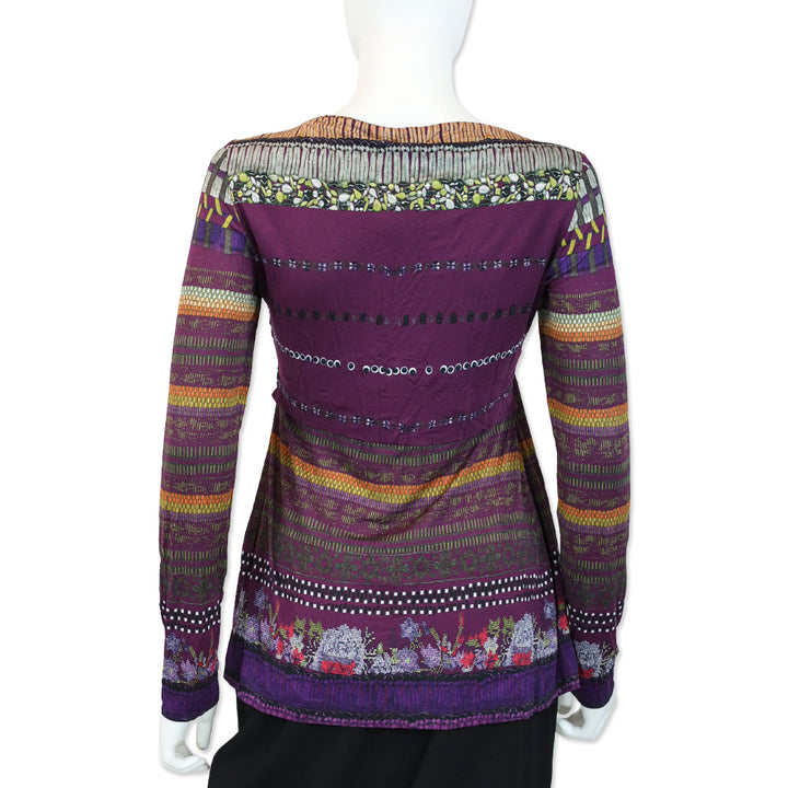 Etro Purple Multi Print Twist Knot V-Neck Long Sleeves Top