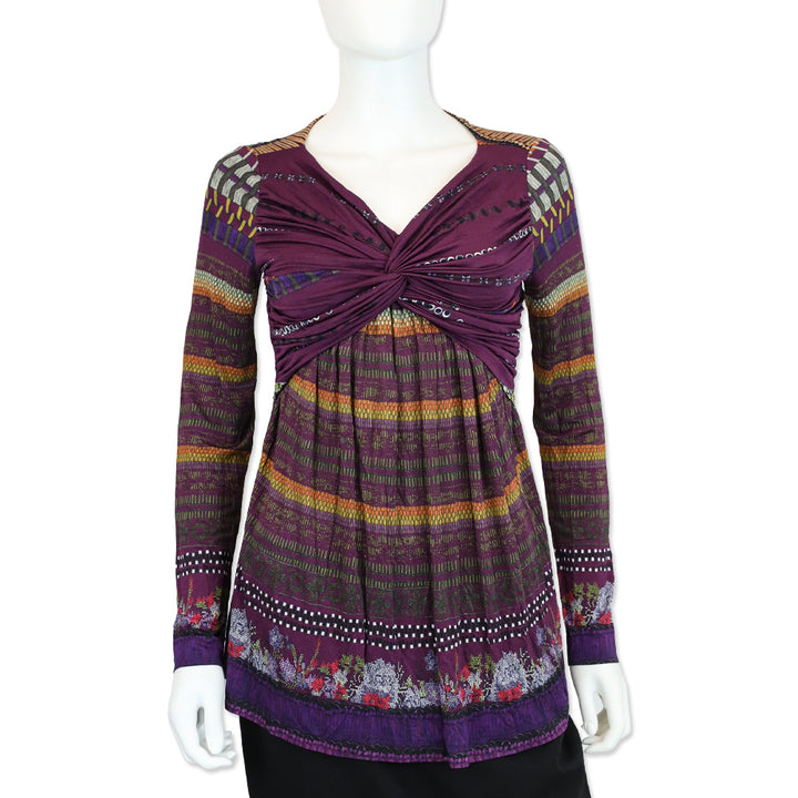 Etro Purple Multi Print Twist Knot V-Neck Long Sleeves Top