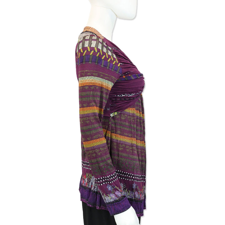 Etro Purple Multi Print Twist Knot V-Neck Long Sleeves Top