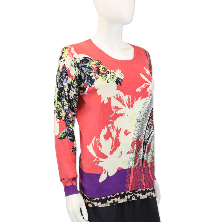 Etro Salmon Paisley/Floral Ribbed Knit L/S Sweater