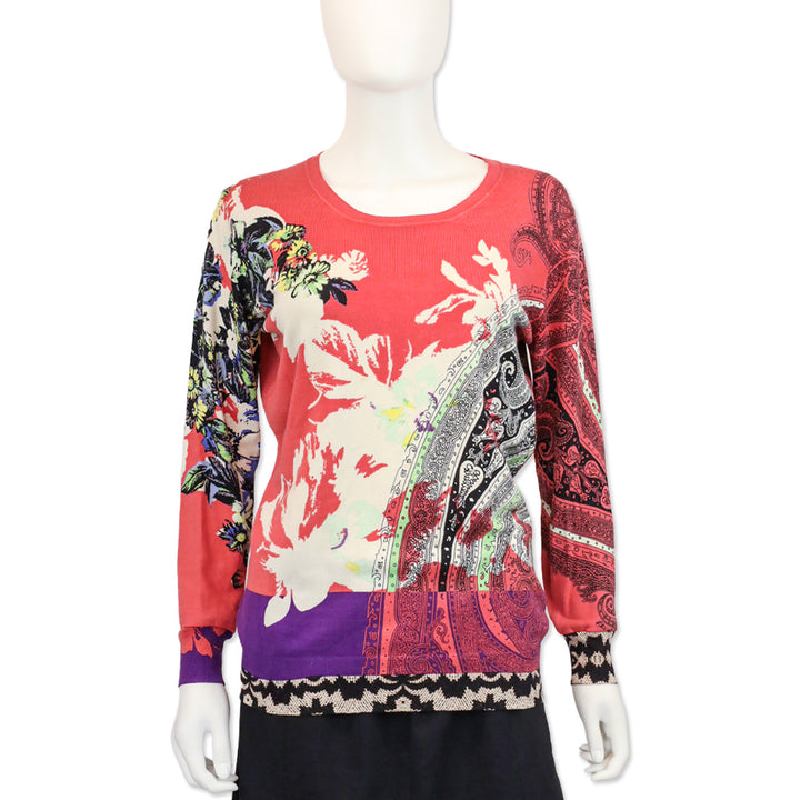 Etro Salmon Paisley/Floral Ribbed Knit L/S Sweater