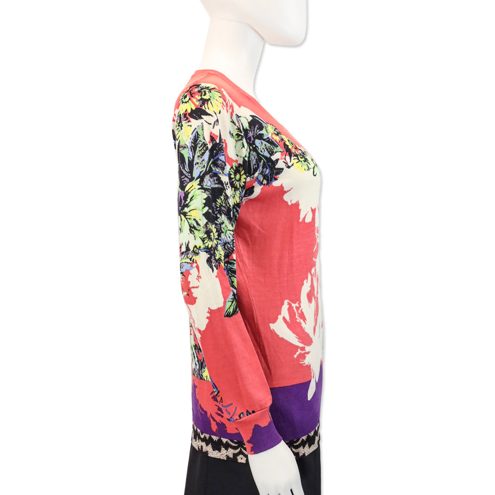Etro Salmon Paisley/Floral Ribbed Knit L/S Sweater