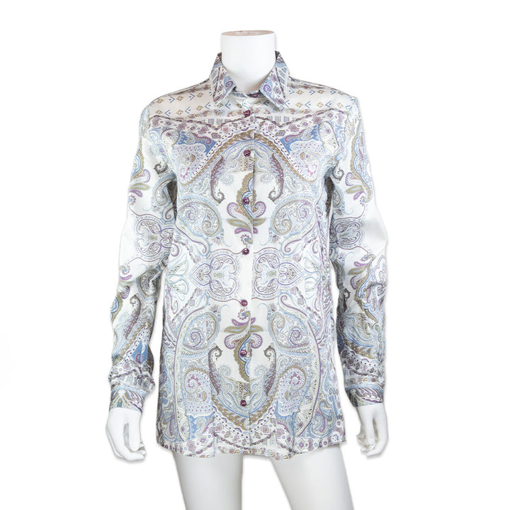 Etro White and Blue Paisley Printed Button Down