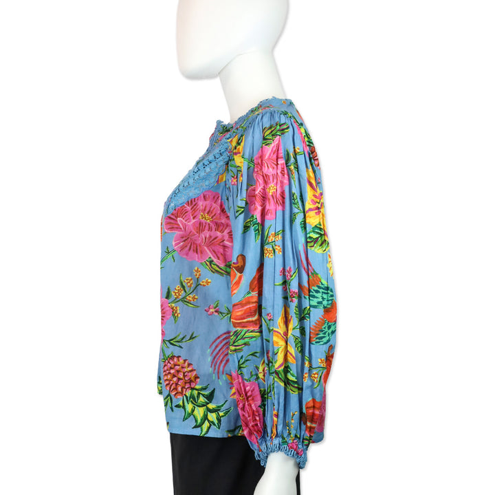 Farm Rio Blue Tropical Toucan Floral Lace Inset Blouse