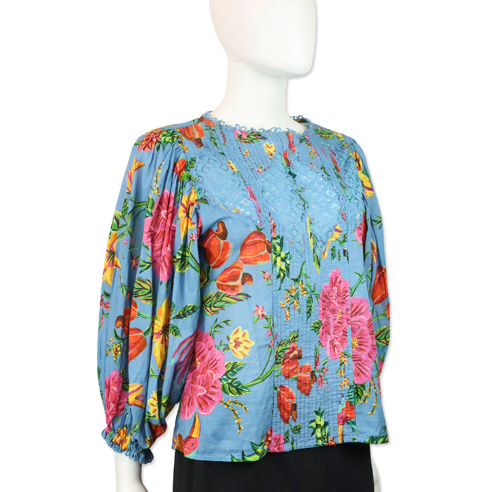 Farm Rio Blue Tropical Toucan Floral Lace Inset Blouse