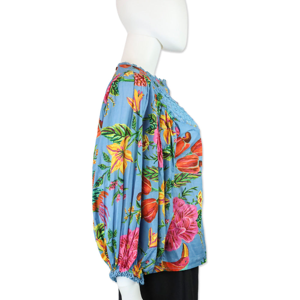 Farm Rio Blue Tropical Toucan Floral Lace Inset Blouse