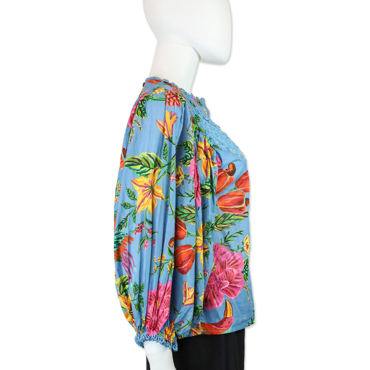 Farm Rio Blue Tropical Toucan Floral Lace Inset Blouse
