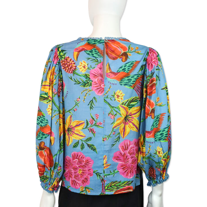 Farm Rio Blue Tropical Toucan Floral Lace Inset Blouse