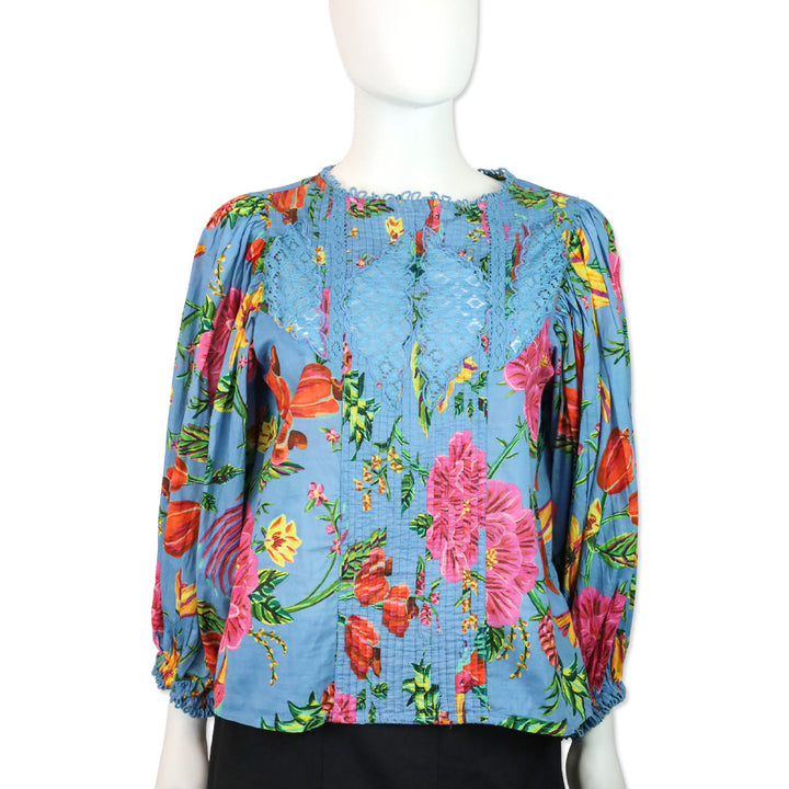 Farm Rio Blue Tropical Toucan Floral Lace Inset Blouse