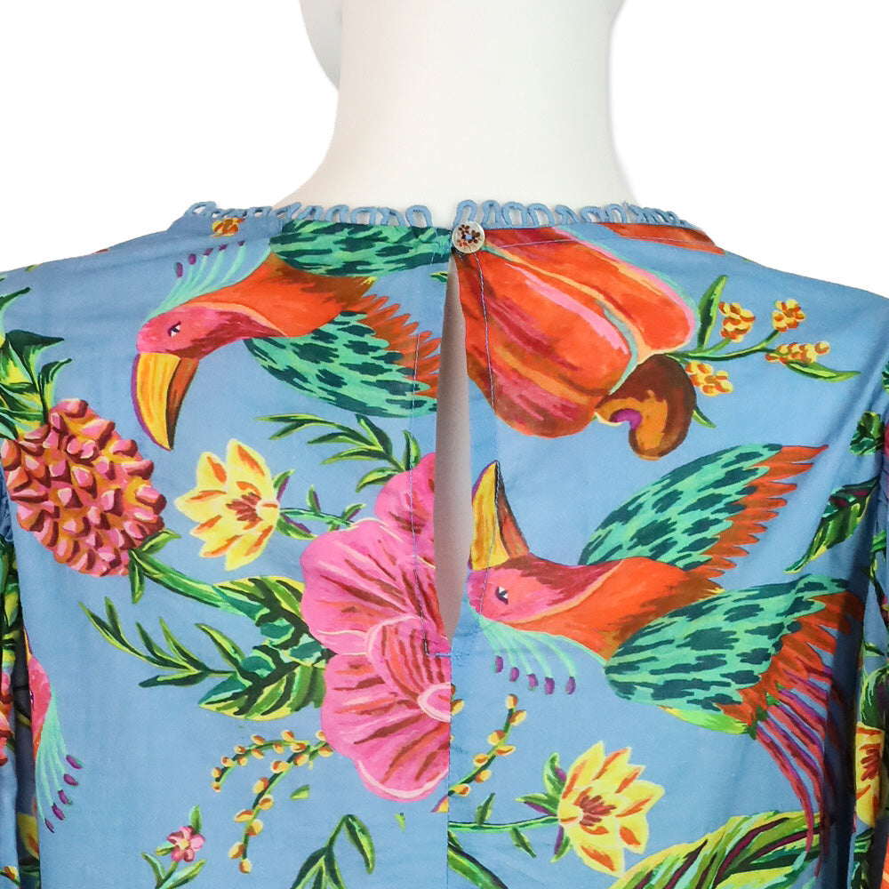 Farm Rio Blue Tropical Toucan Floral Lace Inset Blouse