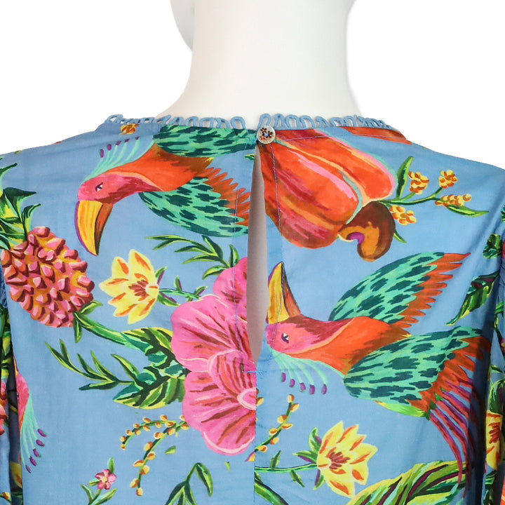 Farm Rio Blue Tropical Toucan Floral Lace Inset Blouse