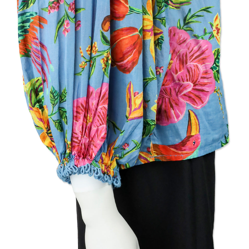 Farm Rio Blue Tropical Toucan Floral Lace Inset Blouse