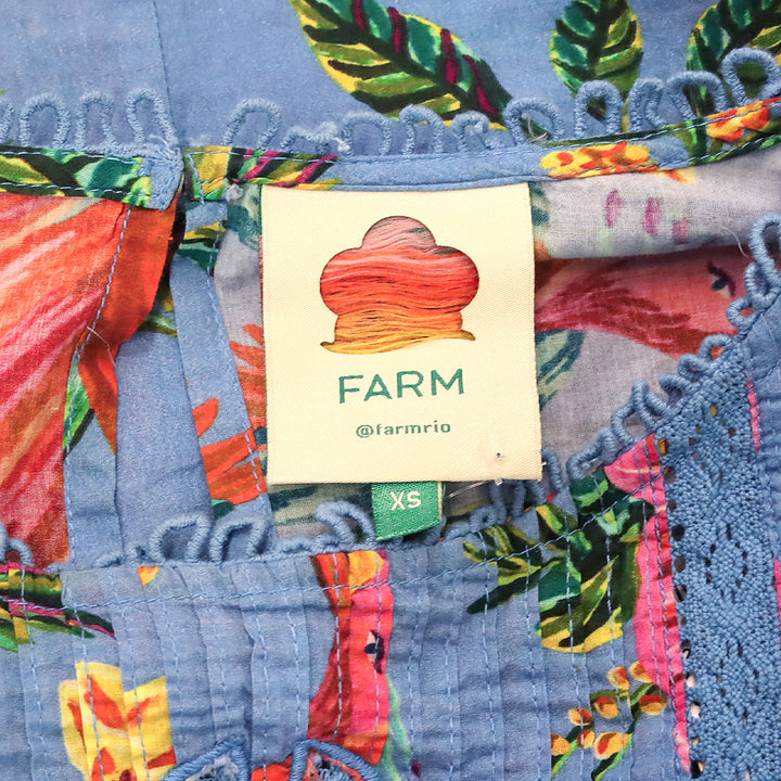 Farm Rio Blue Tropical Toucan Floral Lace Inset Blouse