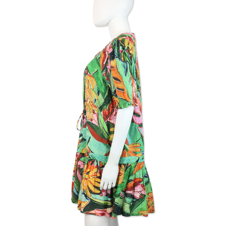 Farm Rio Green and Orange Printed Swiss-dot Cotton Flutter Sleeve Mini Dress