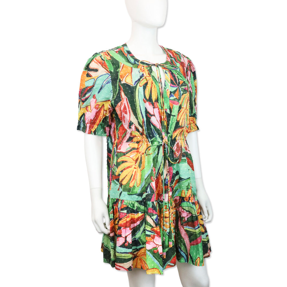 Farm Rio Green and Orange Printed Swiss-dot Cotton Flutter Sleeve Mini Dress