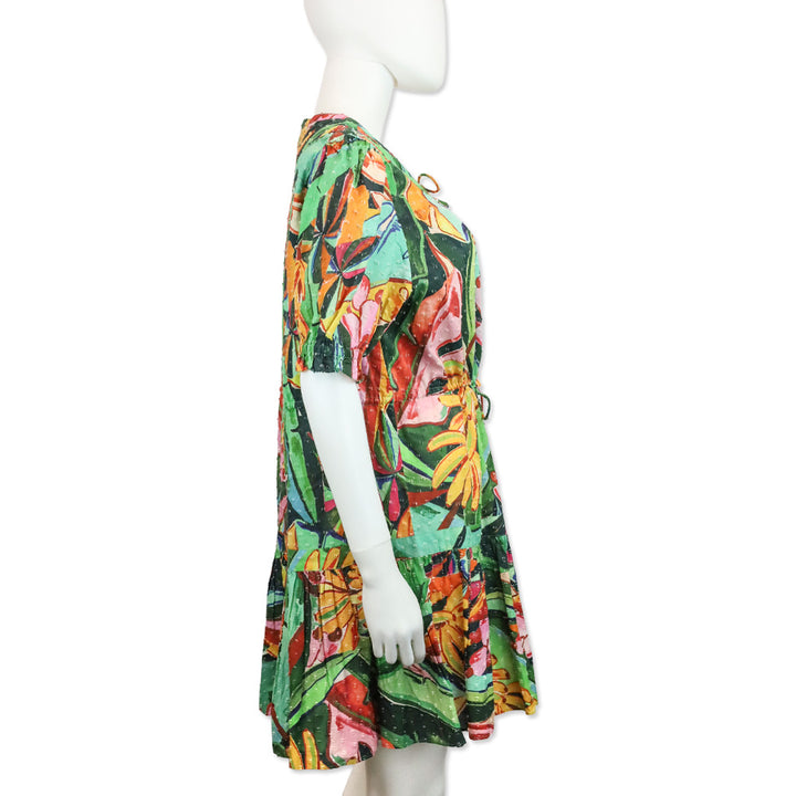 Farm Rio Green and Orange Printed Swiss-dot Cotton Flutter Sleeve Mini Dress