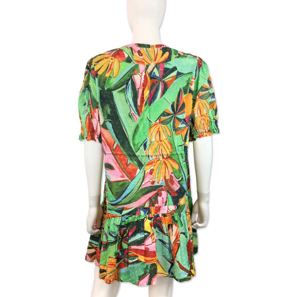 Farm Rio Green and Orange Printed Swiss-dot Cotton Flutter Sleeve Mini Dress