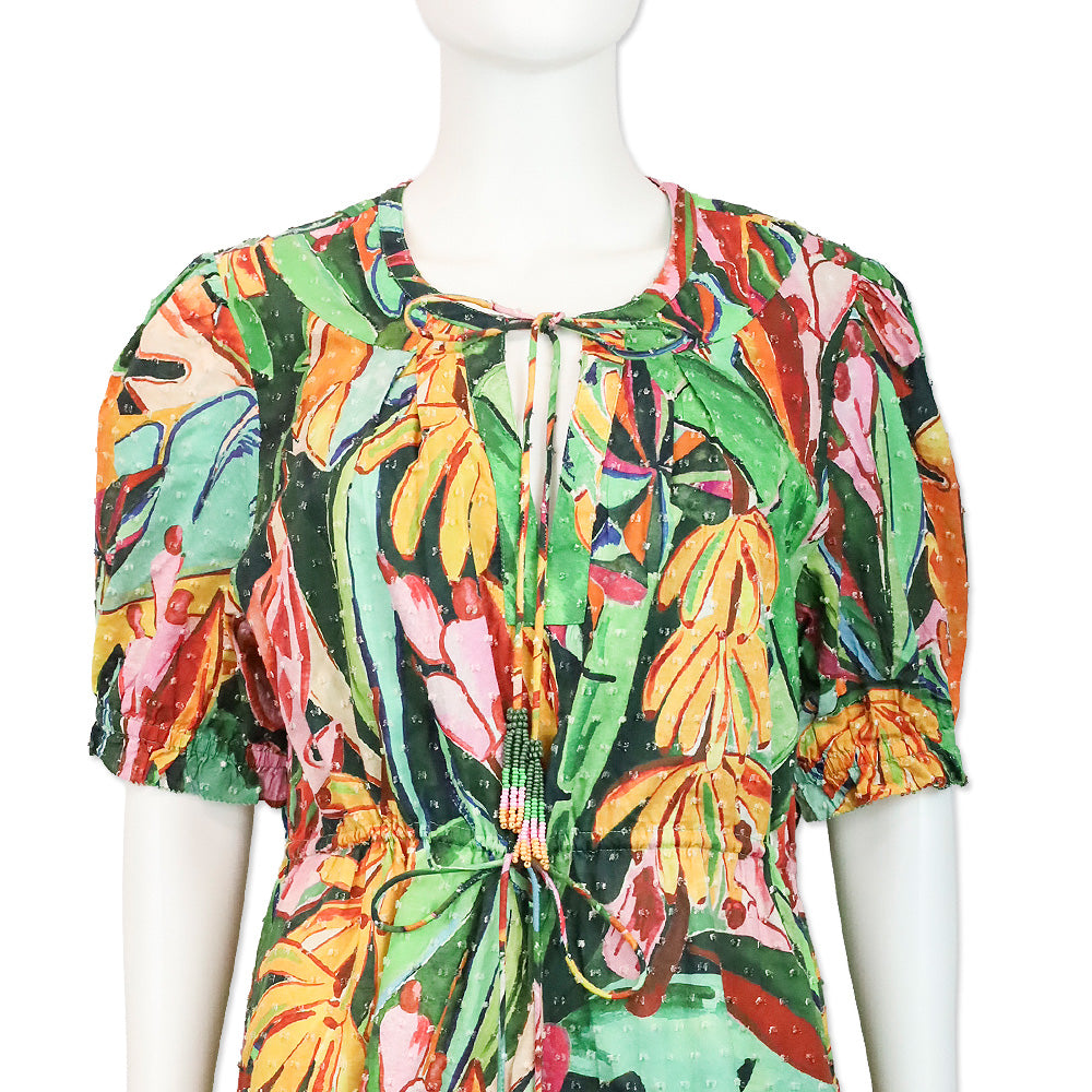 Farm Rio Green and Orange Printed Swiss-dot Cotton Flutter Sleeve Mini Dress