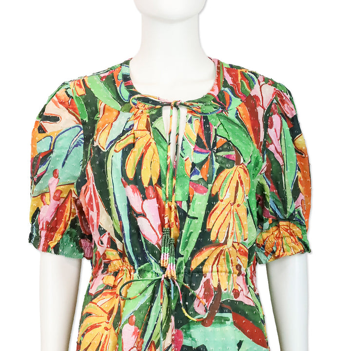 Farm Rio Green and Orange Printed Swiss-dot Cotton Flutter Sleeve Mini Dress