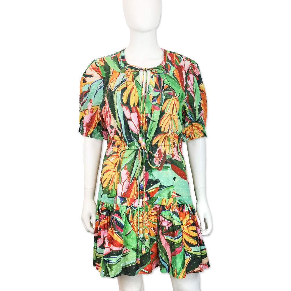 Farm Rio Green and Orange Printed Swiss-dot Cotton Flutter Sleeve Mini Dress