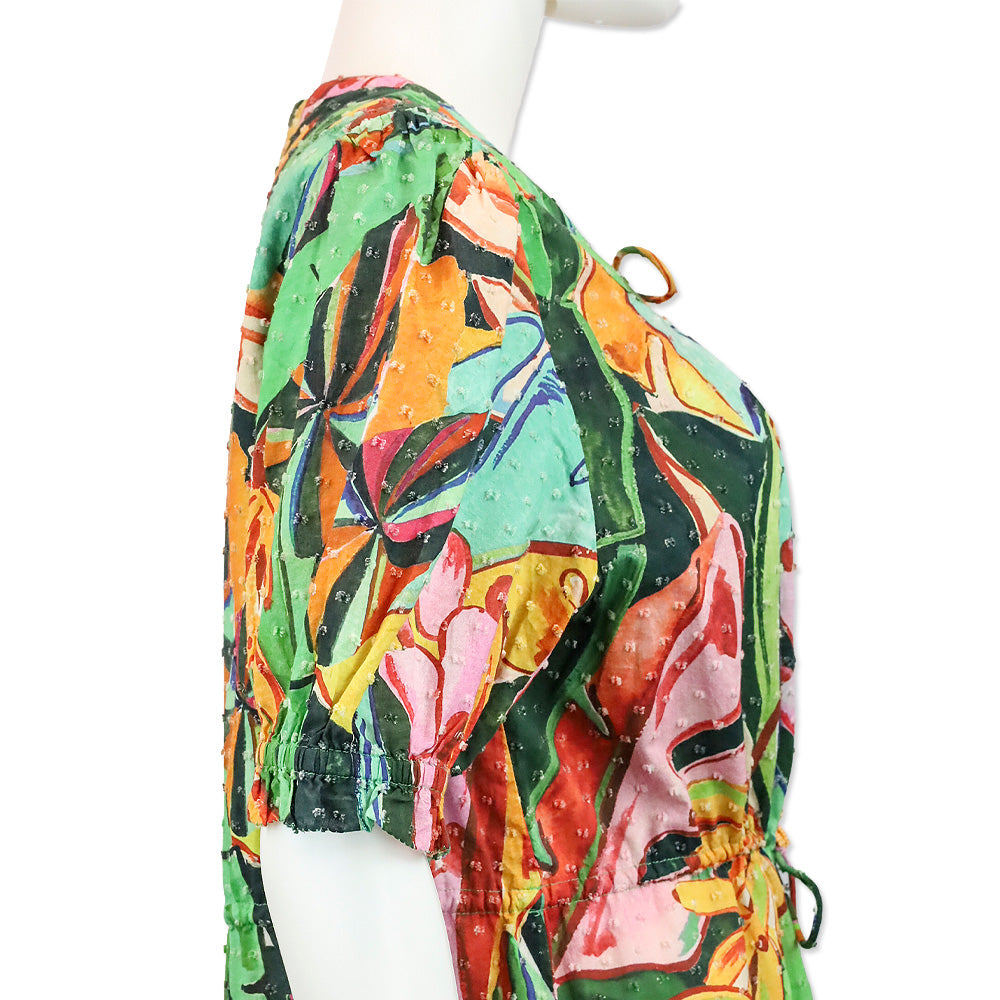 Farm Rio Green and Orange Printed Swiss-dot Cotton Flutter Sleeve Mini Dress