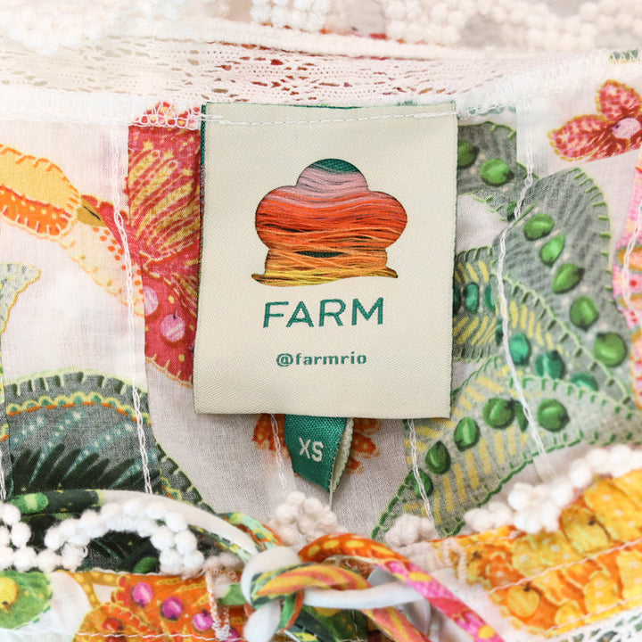 Farm Rio White Multicolor Floral Print Puff Shoulder Crop Top