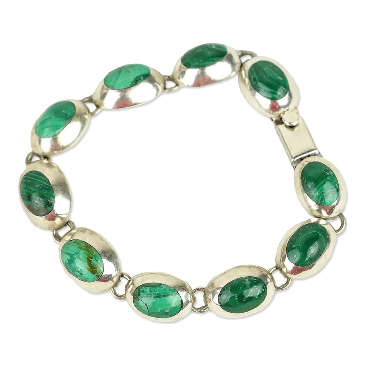 Faux Malachite and Silver-Tone Oval Link Bracelet
