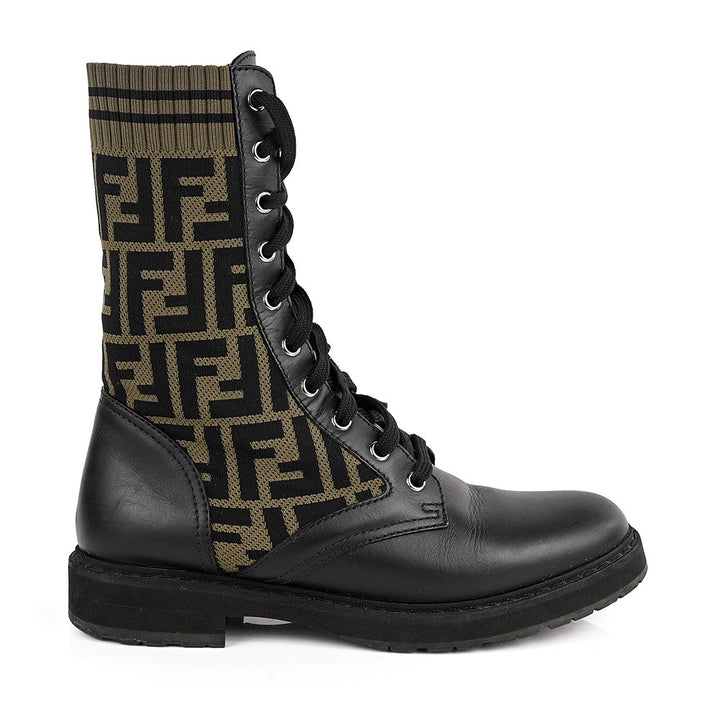 Fendi FF Logo Black Leather Combat Boots