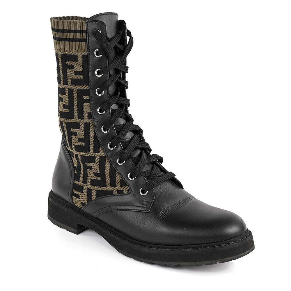 Fendi FF Logo Black Leather Combat Boots