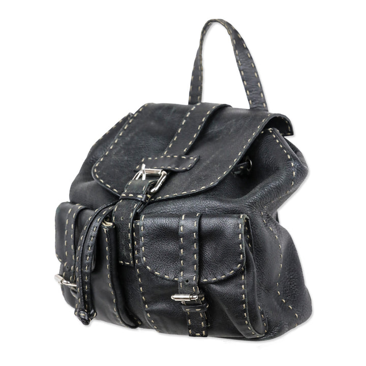 Fendi Black Calfskin Romano Selleria Backpack