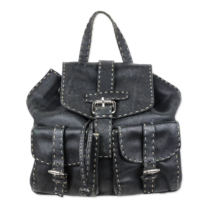 Fendi Black Calfskin Romano Selleria Backpack