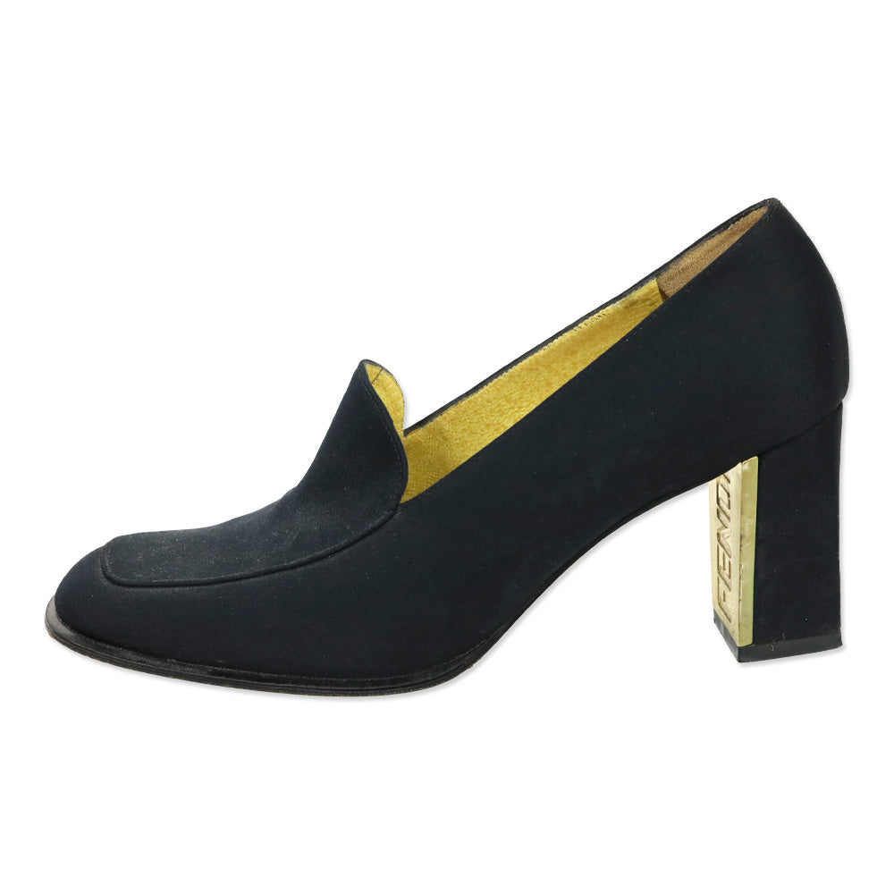 Fendi Black Fabric Block Heel Loafer Pump